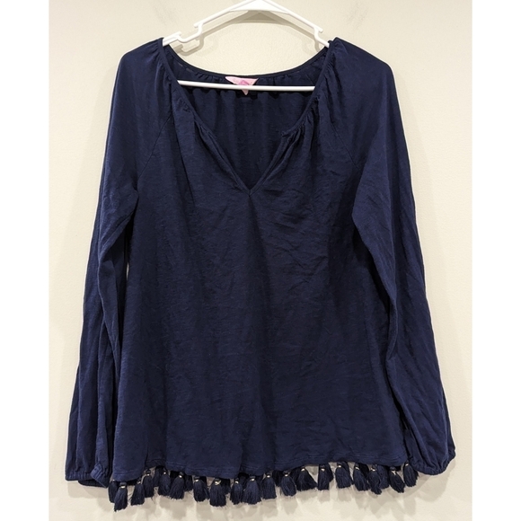 Lilly Pulitzer Linzy Top in True Navy with Tassel Hem 100% Cotton Size Small - Picture 7 of 7